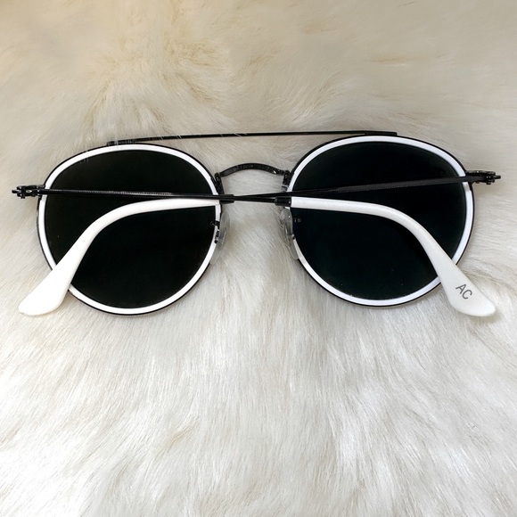 Ray Ban Round Double Bridge Customized Sunglasses | Black Frames White Trim - Picture 6 of 13